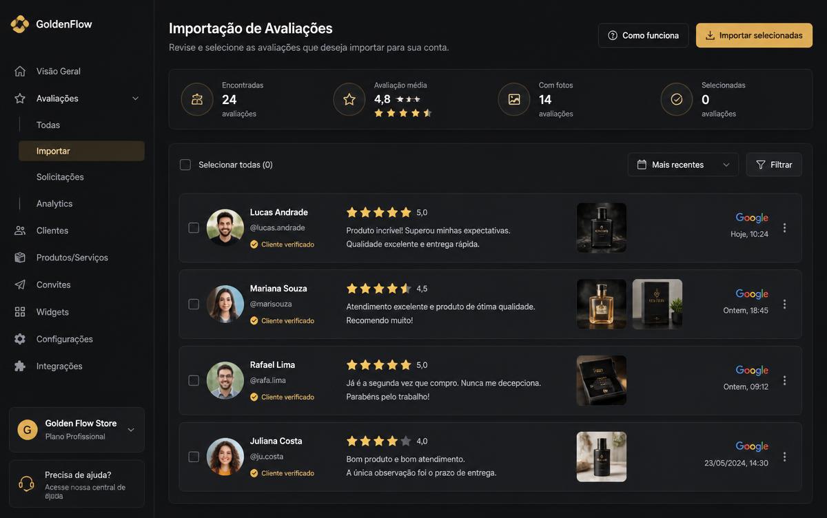 Tela do CloudPanda: Importação de avaliações